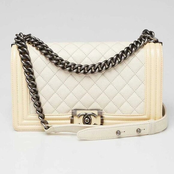 Chanel White/Beige Quilted Chevre and Patent Leather Medium Boy Bag - Picture 1 of 9